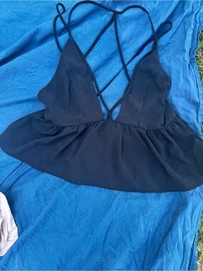 Women’s Black Strappy Peplum Cami Top- silent and noise